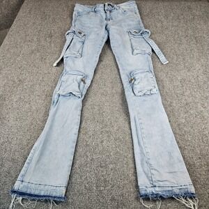 Pheelings Light Wash Cargo Flare Jeans Frayed Hem Blue‎ Denim Pants